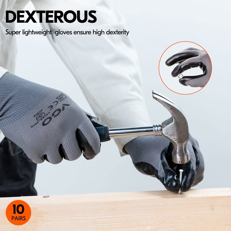 Vgo... 10-Pairs Safety Work Gloves, Gardening Gloves, Non-slip Nitrile coating, Dipping Gloves (Size XL, Gray, NT2110) - Image 5